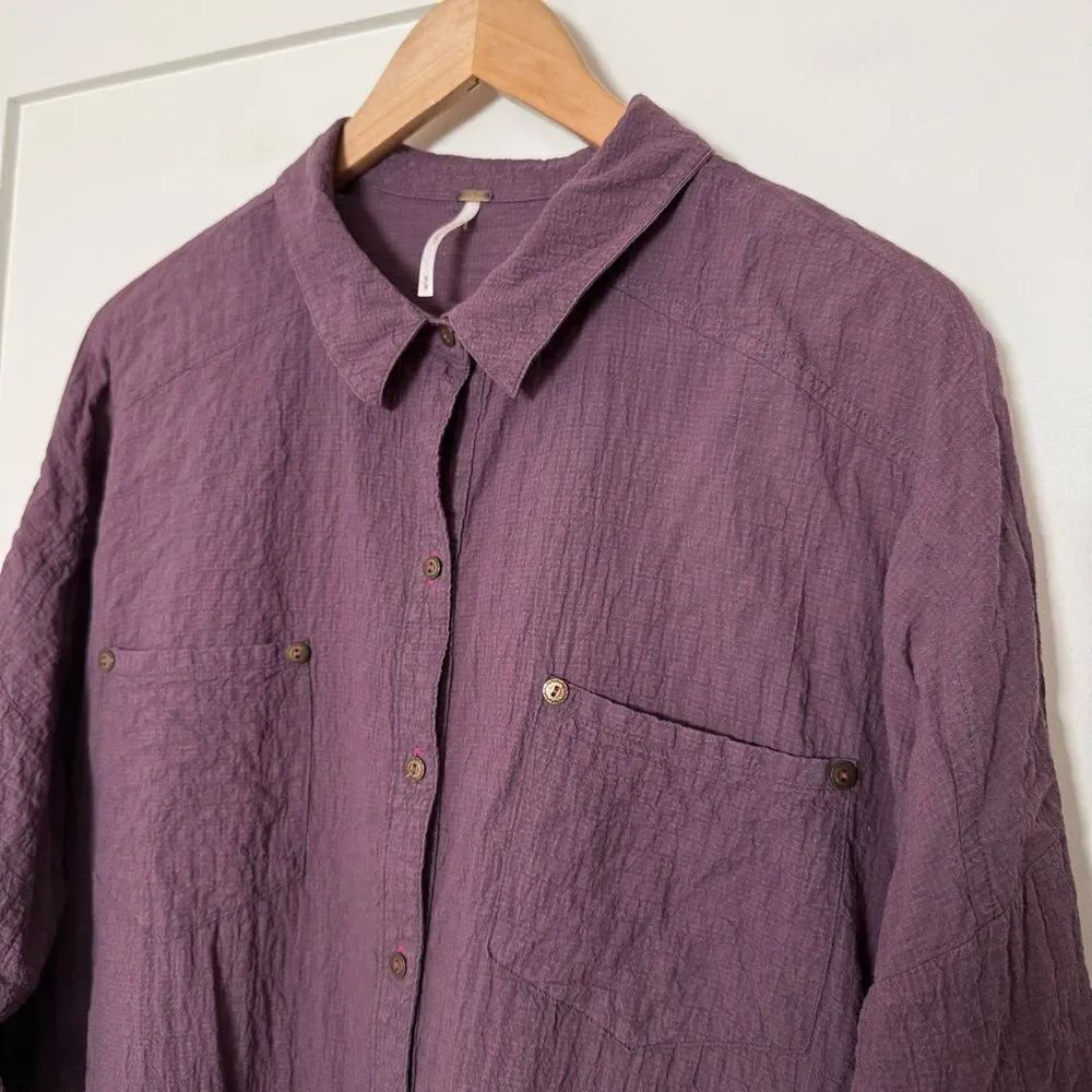 Free People Love Her Madly Shirt Sz M Purple Oversized Button Up Puckered Boho - Picture 3 of 11